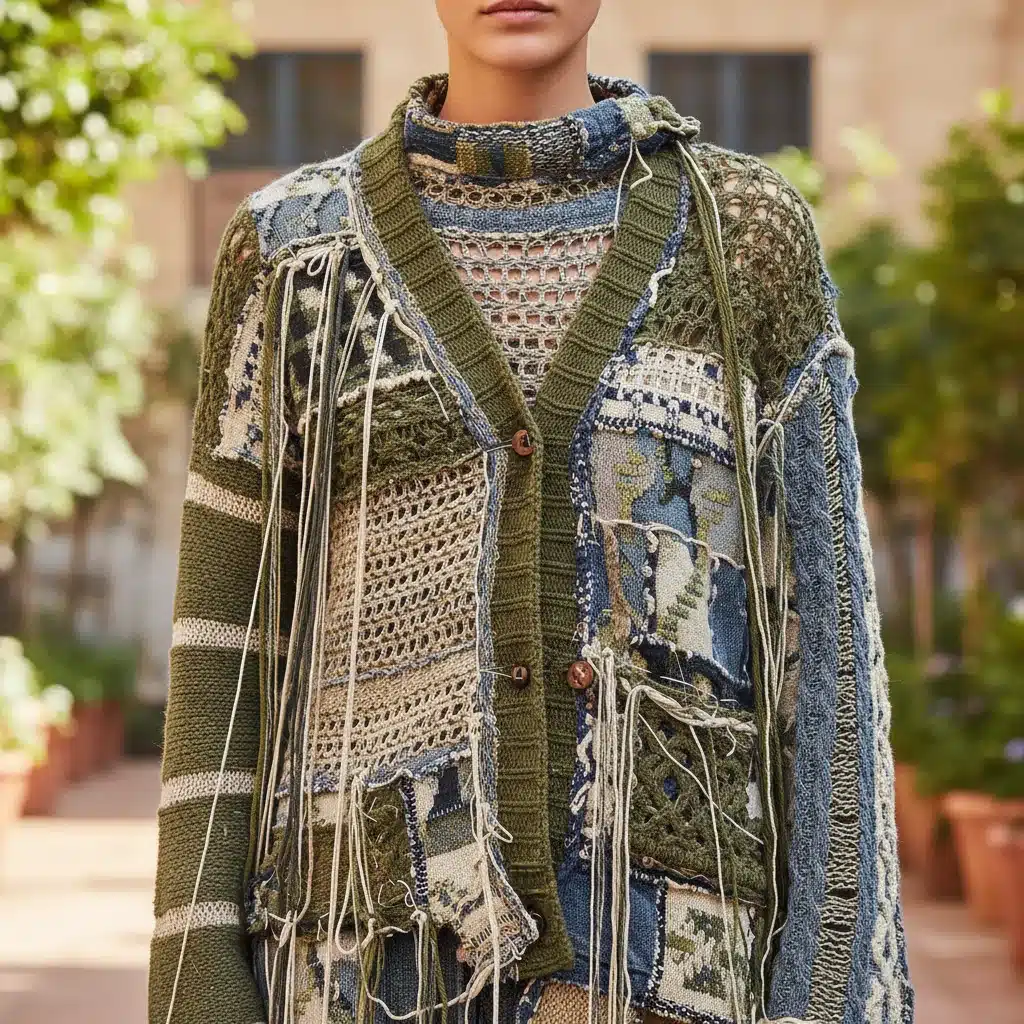 Detailed view of sustainable deconstructed cardigan with intricate knit patterns