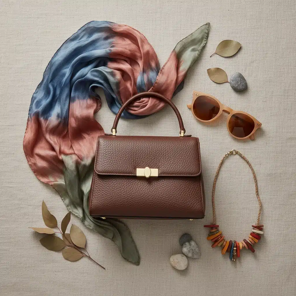 Flat lay of sustainable fashion accessories: recycled leather bag, eco-friendly sunglasses, repurposed necklace, natural-dyed silk scarf.