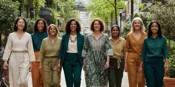 Women in stylish, sustainable fashion walking confidently in an urban setting.