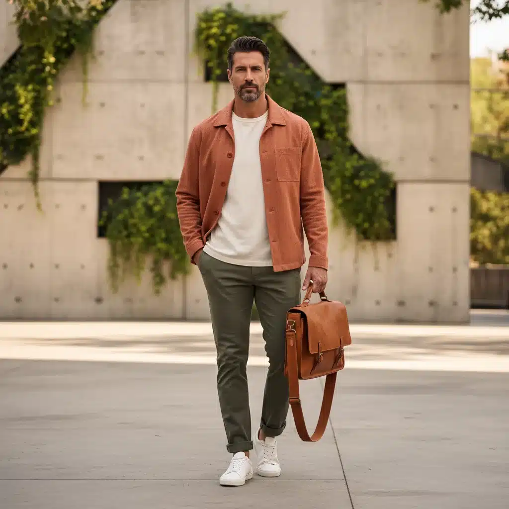 Male model wearing terracotta and olive green earthy tones in urban setting