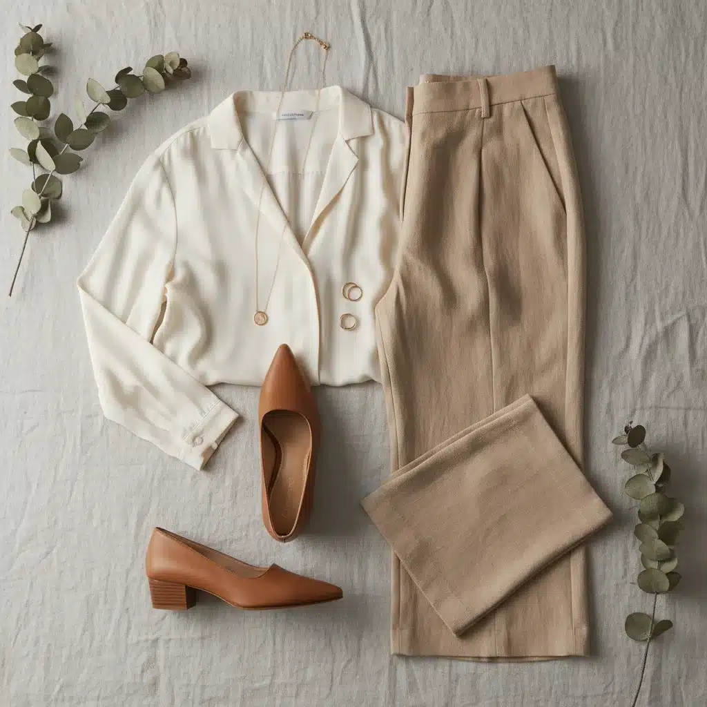 Flat lay of versatile wide-leg trousers, silk blouse, mules, and necklace, demonstrating mix-and-match styling.